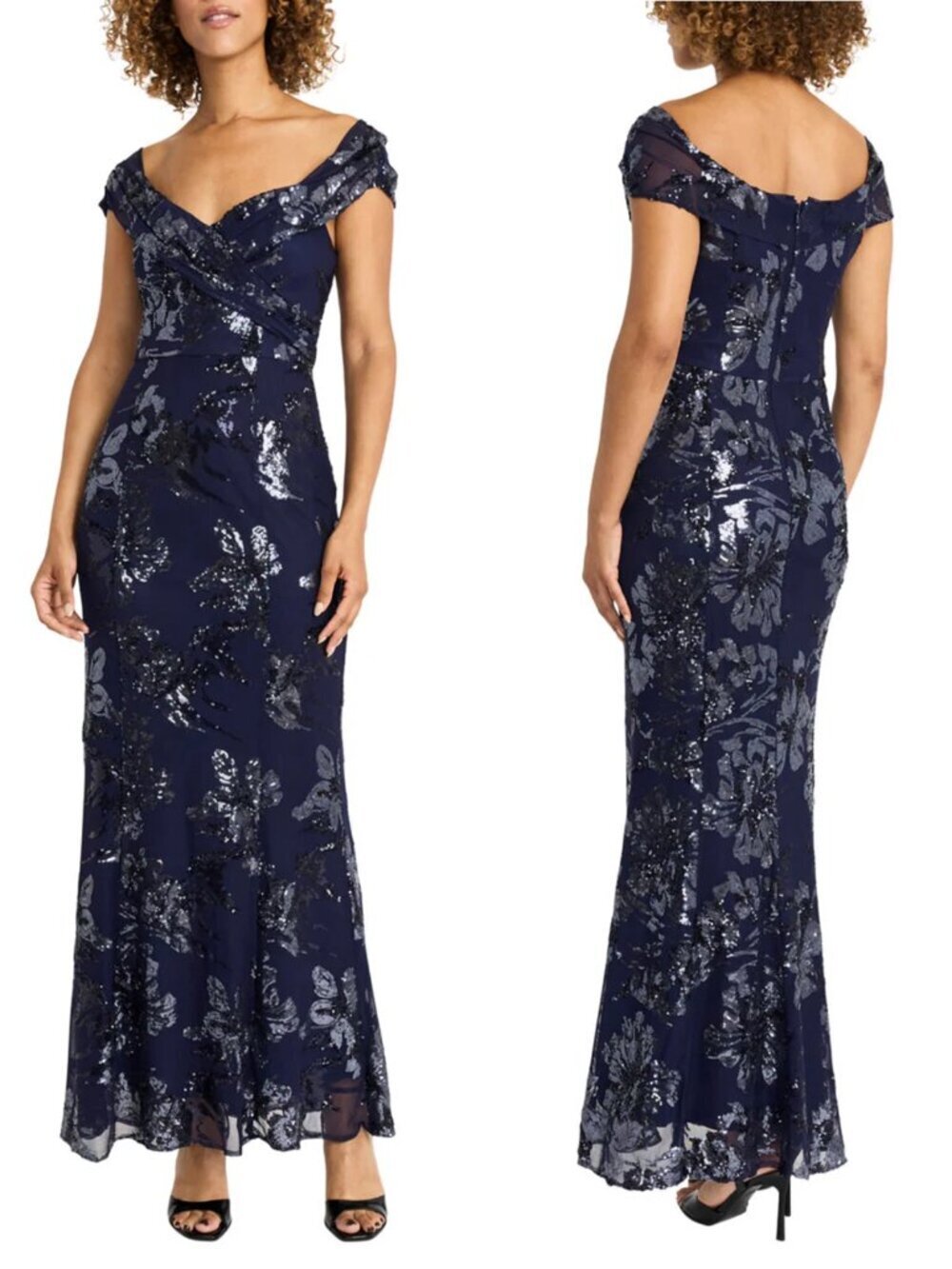 NWT New Maggy London Long Floral Sequined Navy Evening Gown Dress Size 8